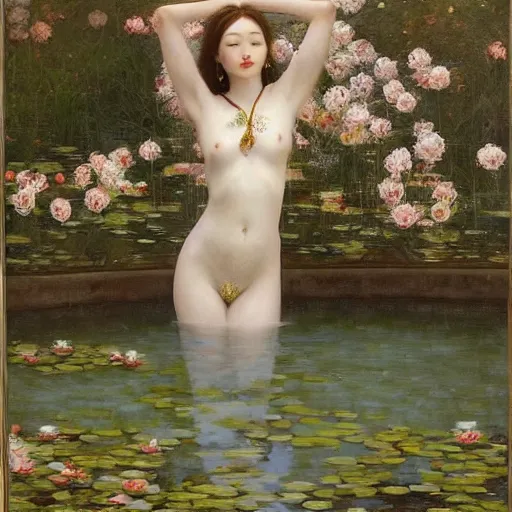 Image similar to a painting of a woman with greek white clothes floating in a pond of water lillies, a fine art painting, by liu jun, cgsociety, deviantart, pre - raphaelitism, figurative art, magical realism, detailed painting, made of flowers