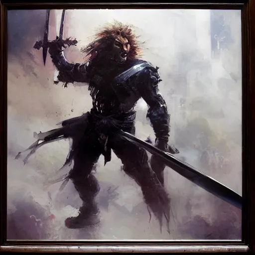 Prompt: lion - o using his sword of omens, jeremy mann painting