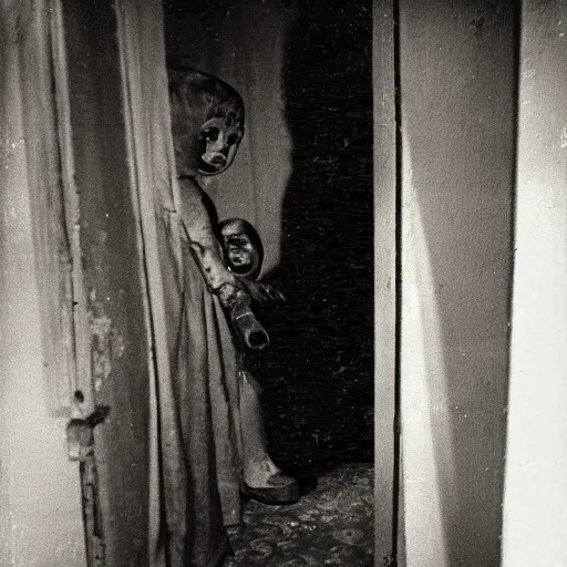 Image similar to creepy vintage doll peeking around corner in darkly lit basement photo by william mortensen