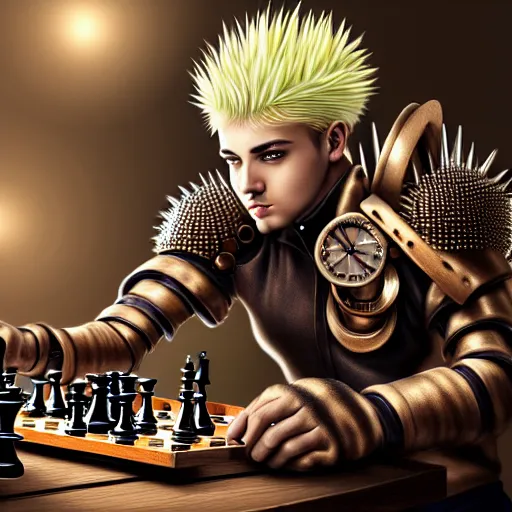 Image similar to man with spiky hair, wearing very complex steampunk armor, playing chess, photorealistic, hyperrealism, high resolution