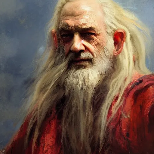 Image similar to Solomon Joseph Solomon and Richard Schmid and Jeremy Lipking victorian genre painting portrait painting of a old rugged dragon wizard huge dragon from the hobbit , red background