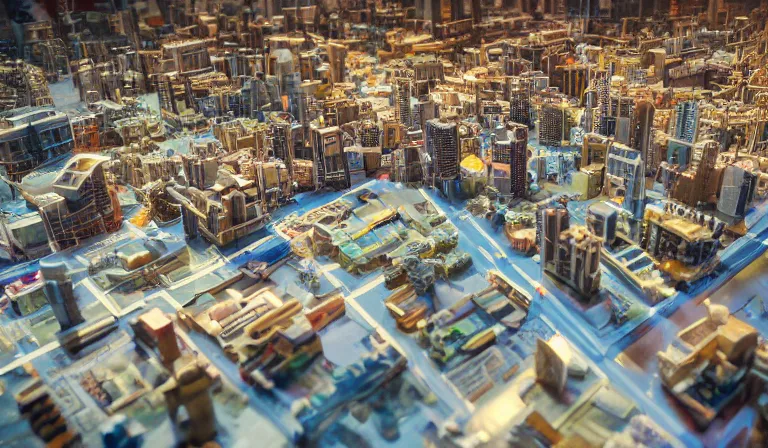 Image similar to crane shot of large group people in open warehouse, looking at hologram of futuristic city on a table, cinematic concept, godrays, golden hour, natural sunlight, 4 k, clear details, tabletop model buildings, tabletop model, ethereal hologram center, crane shot, crane shot, rule of thirds, people, people, tabletop