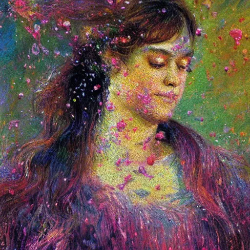 Image similar to a woman disintegrating into small particles of love, behancehd, impressionism