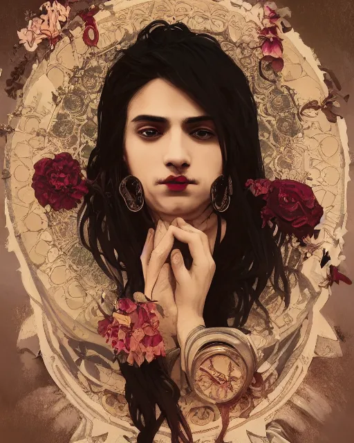 Image similar to 3 / 4 portrait, male vampire, brown skin, long dark hair, dark blue shirt, beautiful, flowers, blood on mouth, detailed background, elaborate jewelry, earrings, artstation, alphonse mucha, william bouguereau, rossdraws, greg rutkowski, super detailed, illustration, realistic, octane render, sharp focus, cinematic, 8 k