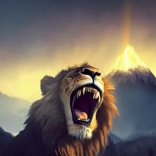 Prompt: a lion roaring on a mountain with lighting bolts shooting from its mouth, dramatic lighting, cinematic, establishing shot, extremely high detail, photo realistic, cinematic lighting, post processed, concept art, artstation, matte painting, style by eddie mendoza, raphael lacoste, alex ross