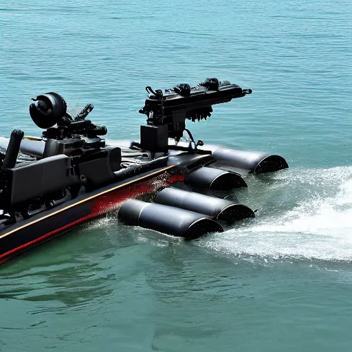 Prompt: speedboat m134 minigun m134 minigun mounted on a speedboat m134 minigun on top of a speedboat speedboat with a m134 minigun mounted m134 minigun