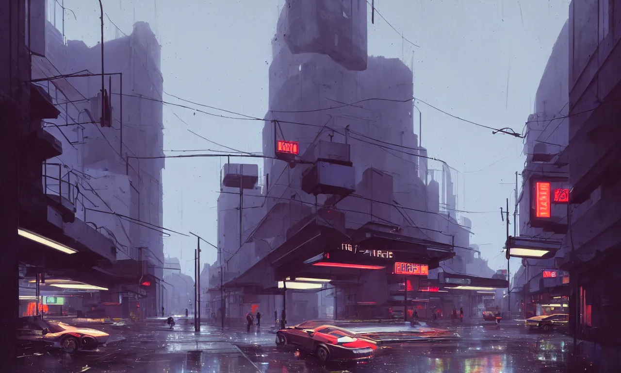 Image similar to photorealistic streetscape, simple brutalist architecture, metal, concrete, wet streets, white neon lights, colorful neon signs, flying vehicles, pedestrians, greg rutkowski, syd mead, ralph mcquarrie, concept art, matte painting, finely detailed, minimal artifacts, rule of thirds, dynamic lighting, cinematic, denoised, centered, artstation