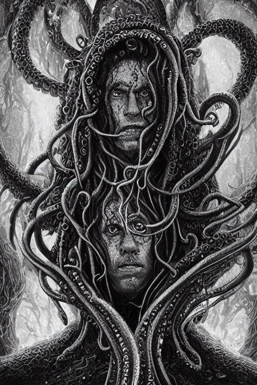 Prompt: realistic portrait of beautifully crystalized and detailed portrait of a hp lovecraft, tentacles, tendrils, eldritch, matte painting of cinematic movie scene red dragon, horror, created by gustave dore and greg rutkowski, high detailed, smooth draw, synthwave neon retro, intricate, realistic proportions, dramatic lighting, trending on artstation.