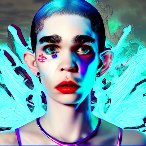 Image similar to album cover of Grimes as a highly detailed holographic super villain character, trending on artstation, concept matte