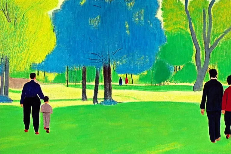 Image similar to a very tall man named John with dark hair holding the hands of a short young boy named Alex with dark hair as they walk in a park on a bright beautiful colorful day. part in the style of an edgar degas painting. part in the style of david hockney