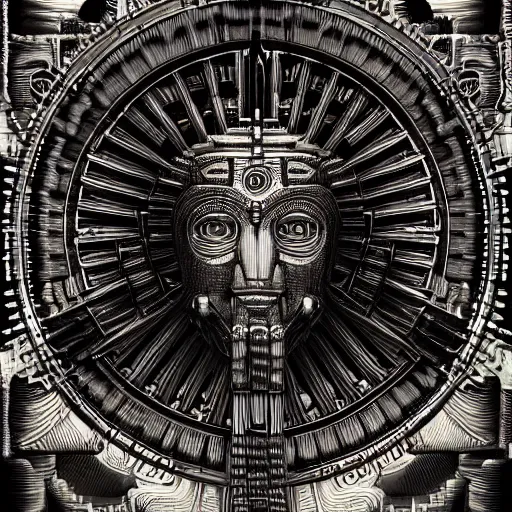 Prompt: aztec deity by jeffrey smith and wlop and gustave dore, featuring engine, circuitry, code, binary, cryptonomicon, dmt entity, ambient occlusion, 3 d concept render, scientifically accurate, artstation, intricate, beautiful, look at that detail!