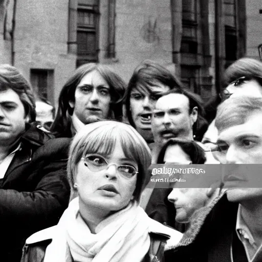 Prompt: French pop star Daphne LaCroix argues in favor of worker\'s rights with German New-Trad Intellectuals in Berlin, March, 1978, watermark free