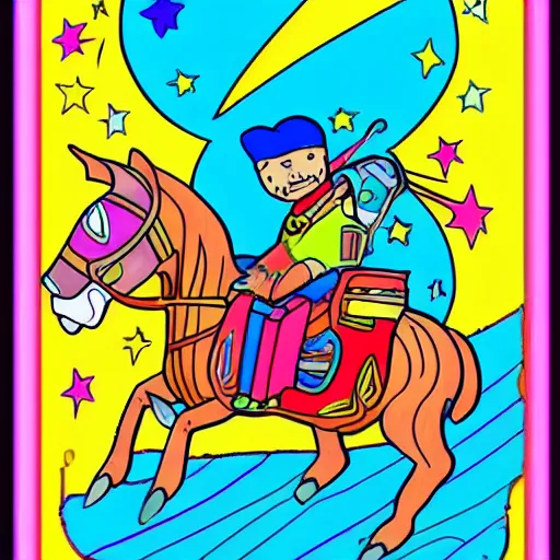 Image similar to Coloring page of cat riding a horse, in space