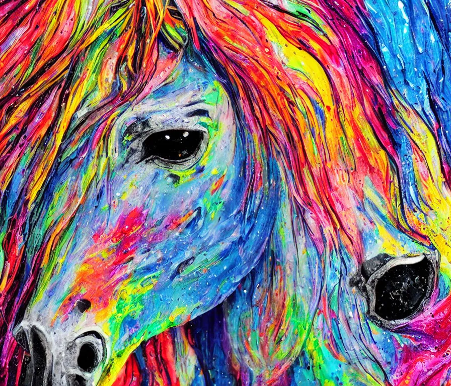 Image similar to still shot close up footage of the portrait of a horse head made of acrylic pour and coloured powder explosion and splashing paint and dripping paint and flying paint chunks, motion blur, hyperrealistic, medical, intricate art photography, anatomically correct, realistic crisp textures, 1 6 k