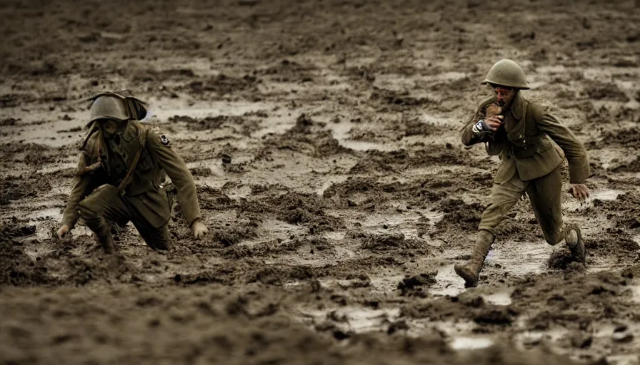 Prompt: screaming World War 1 soldier running away, wartorn landscape, lots of mud puddles and craters, bullets whizzing past camera, dirty lens, cinematic lighting, IMAX close-up of face, cinematography, 35mm