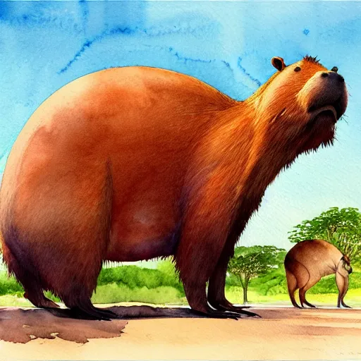 Image similar to a beautiful watercolor painting of an enormous capybara, by Antonio Guidotti, ghibli studio, hyper detailed, matte art, trending on artstation,