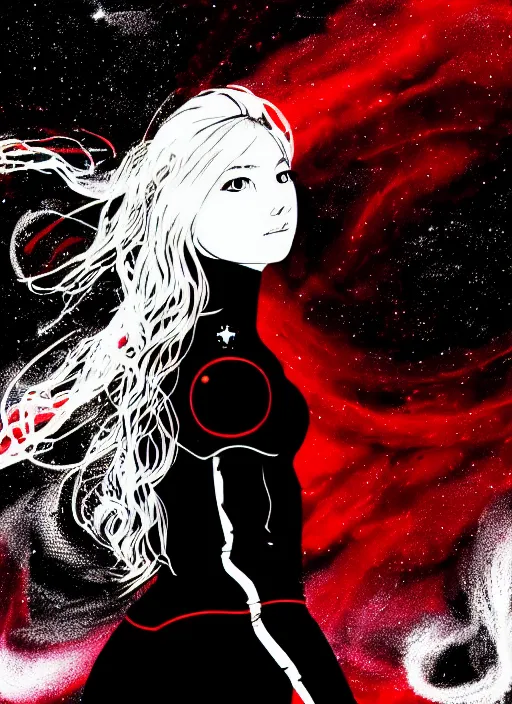 Prompt: highly detailed portrait of a hopeful pretty astronaut lady with a wavy blonde hair, by Jackson Pollock , 4k resolution, nier:automata inspired, bravely default inspired, vibrant but dreary but upflifting red, black and white color scheme!!! ((Space nebula background))