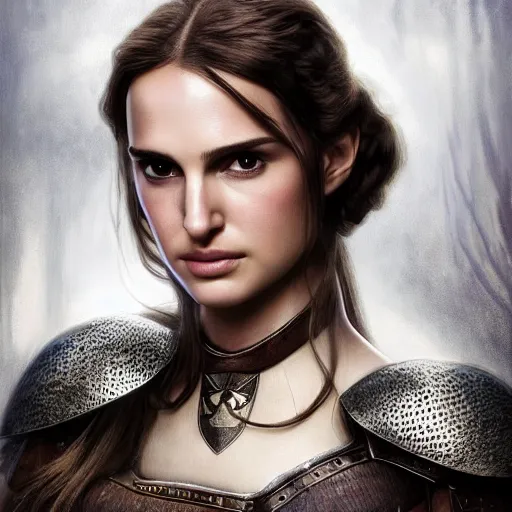 Prompt: head and shoulders portrait of a female knight, young natalie portman, armored, game of thrones, eldritch, by alphonse mucha, artgerm, silken hair, etched breastplate, sharp focus, high key lighting, vogue fashion photo