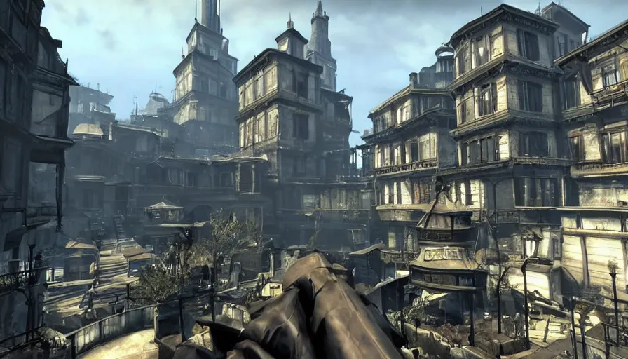 Prompt: first person view of a town square in the game dishonored, fantasy