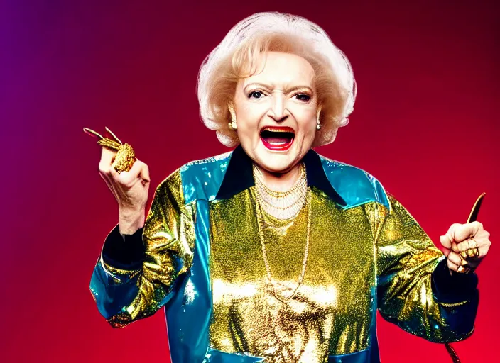 Image similar to publicity photo still of betty white as a gangsta rapper covered in gold chains, with grills in teeth and wearing a jumpsuit live on stage, 8 k, live concert lighting, mid shot