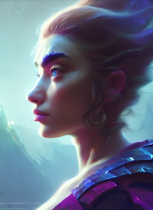 Image similar to side portrait, imogen poots, paladin, fantasy, gloomhaven, luminescent, organic painting, matte painting, bold shapes, hard edges, gaudy colors, octane render, unreal engine, by greg manchess, huang guangjian, gil elvgren, greg rutkowski, jesper ejsing