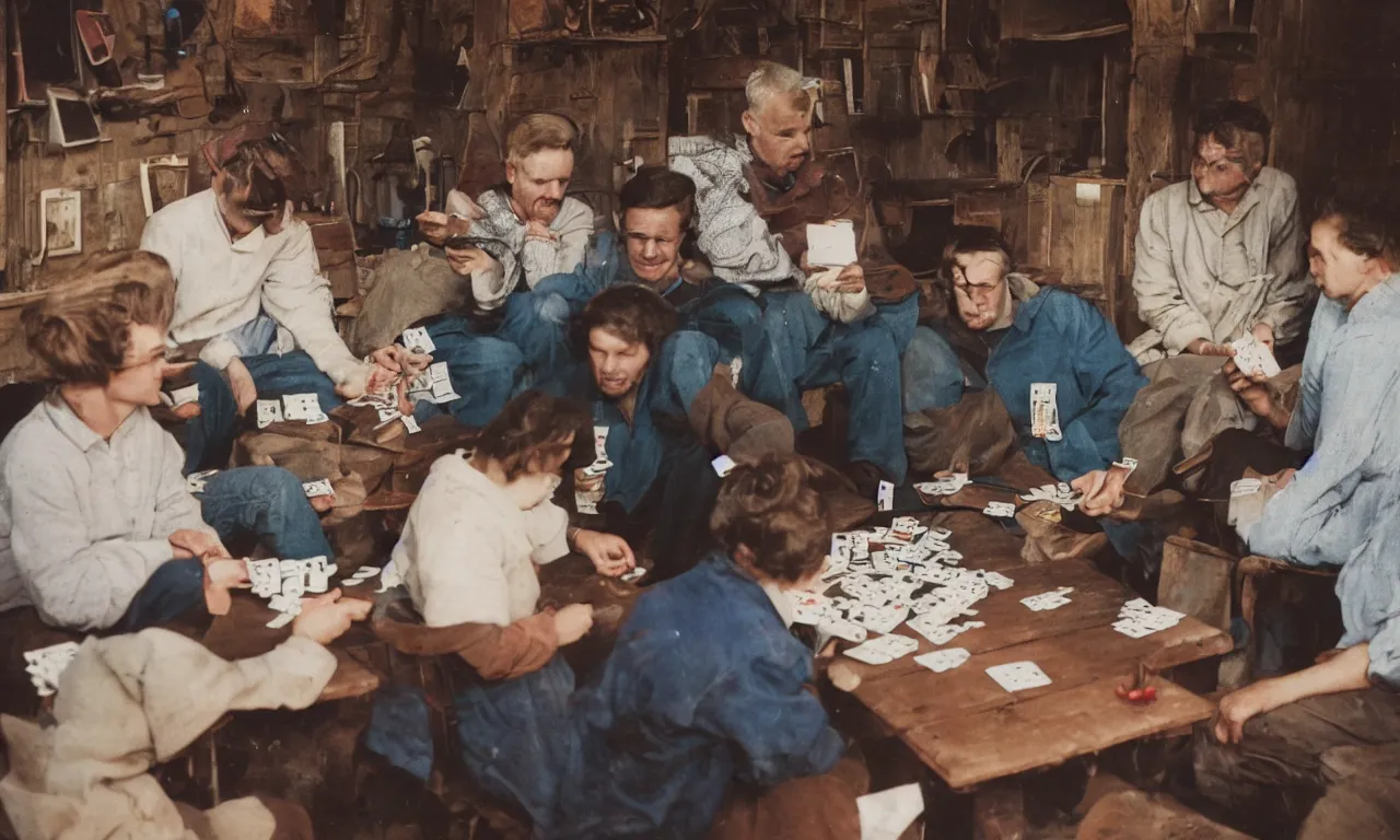 Prompt: color photograph of 5 people playing cards in a shack