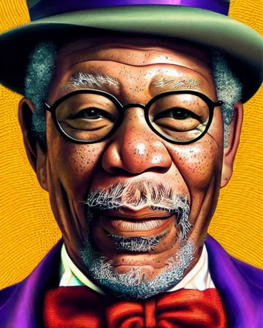 Image similar to Morgan Freeman as Willy Wonka, digital illustration portrait design, detailed, gorgeous lighting, wide angle dynamic portrait