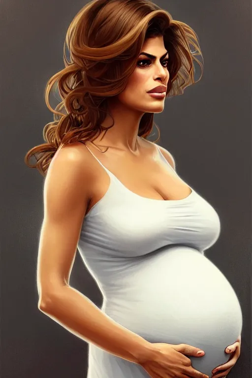 Prompt: pregnant eva mendes in a white dress, realistic portrait, symmetrical, highly detailed, digital painting, artstation, concept art, smooth, sharp focus, illustration, cinematic lighting, art by artgerm and greg rutkowski and alphonse mucha