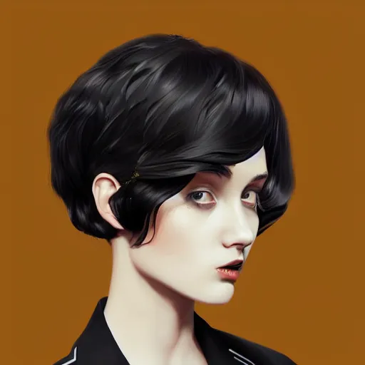 Image similar to girl in tuxedo with black chaotic wavy short haircut, elegant, 2d, ultra highly detailed, digital painting, smooth, sharp focus, artstation, art by Ilya Kuvshinov