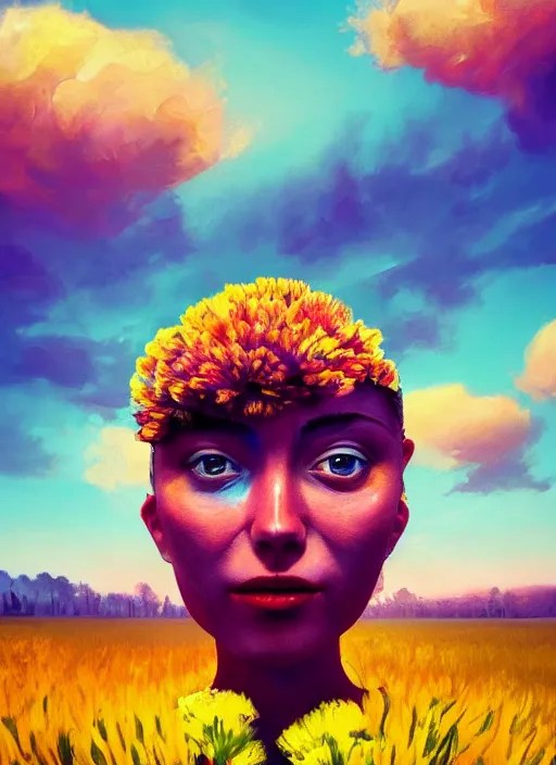 Image similar to portrait of a woman, face made of giant carnation, flower field, surreal photography, sunset dramatic light, impressionist painting, colorful clouds, large sky, digital painting, artstation, simon stalenhag