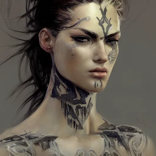 Image similar to tattoo design, a professional painting of a beautiful young female, partially clothed in battle armor, olive skin, long dark hair, beautiful bone structure, symmetrical facial features, intricate, elegant, digital painting, concept art, smooth, sharp focus, illustration, from Metal Gear, by Ruan Jia and Mandy Jurgens and Greg Rutkowski and Artgerm and William-Adolphe Bouguerea and artgerm, cat girl, anime