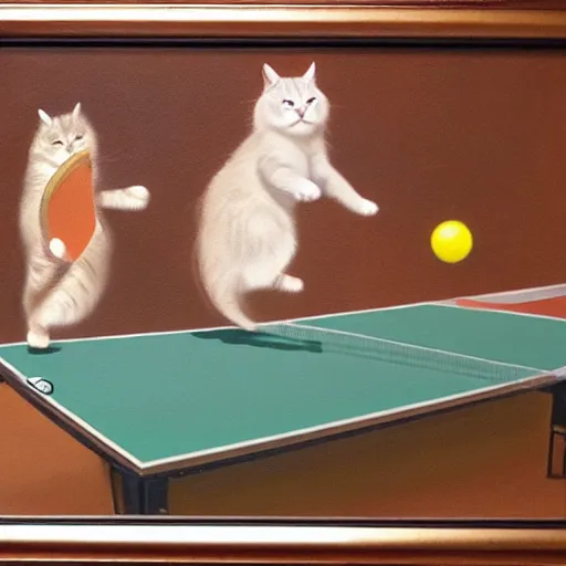 Prompt: dos gatos jugando al ping - pong sobre fondo naranja, oil painting