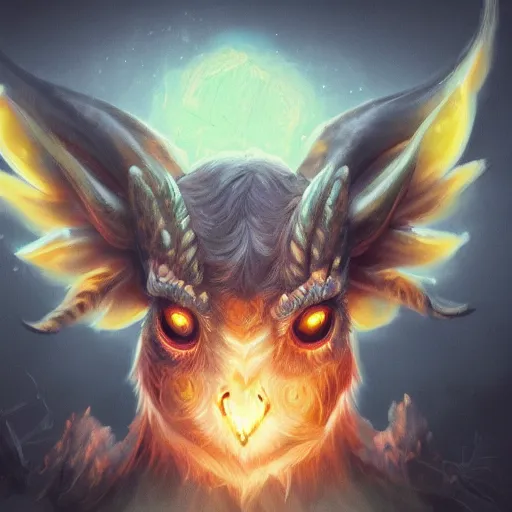 Prompt: glowing six horned creature with an owl face, goat legs, and four wings, digital art, trending on art station, cinematic atmosphere