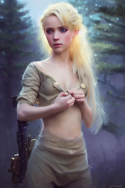 Image similar to cinematic shot of an epic portrait of a cute blonde fairy dressed in military clothes, stylised military clothes, shiny skin, beautiful eyes, beautiful, small details, night setting, realistic poster with volumetric light from jeremy lipkin and michael garmash, craig mallism, artgerm, unreal engine, radiant light, digital art, trends at art station, a masterpiece