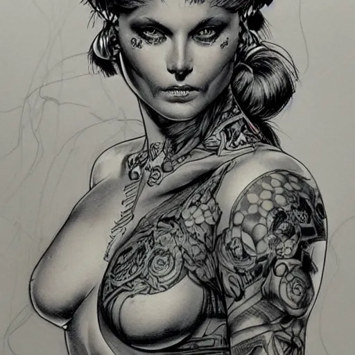 a beautiful portrait of a heavily tattooed Roman woman