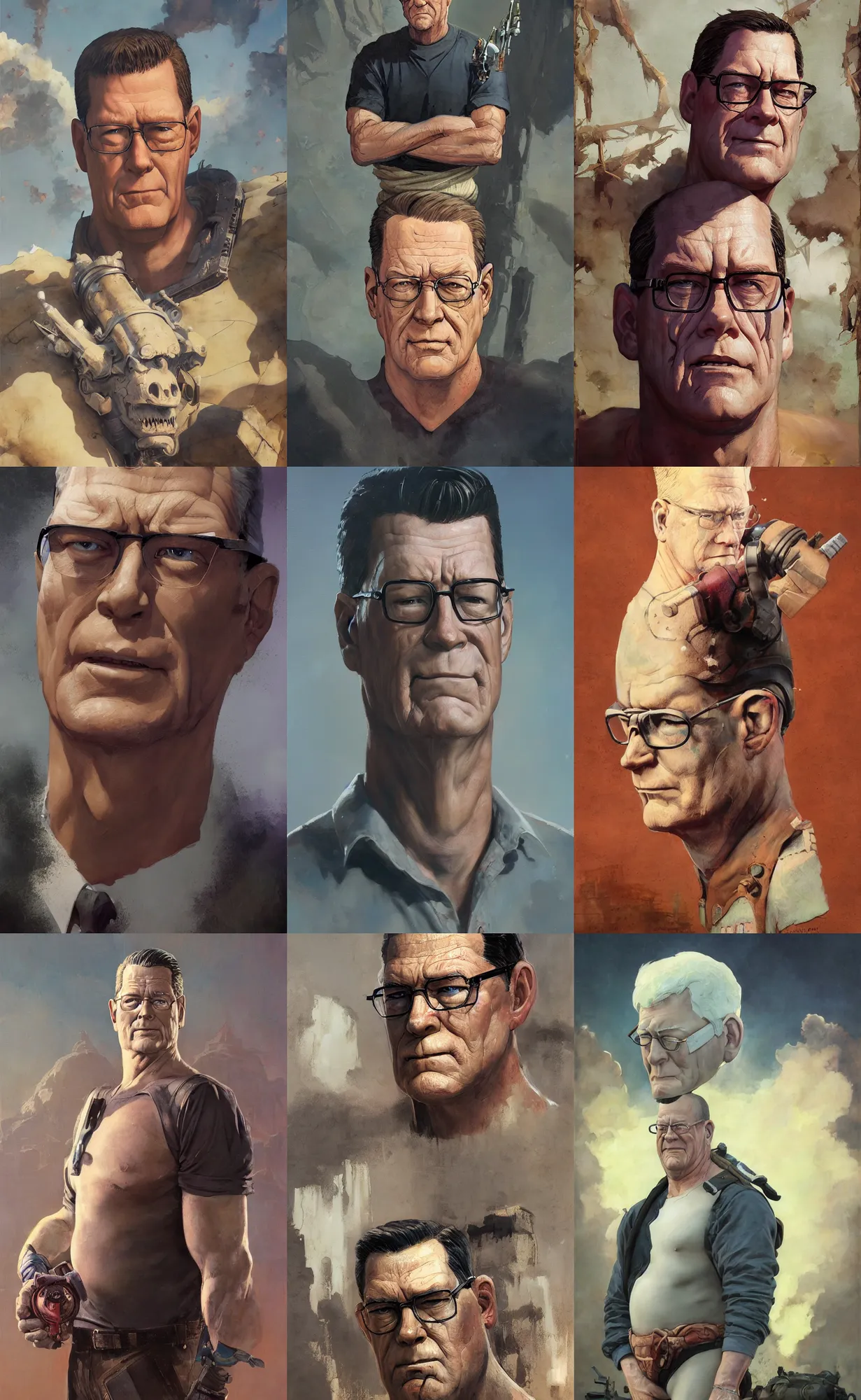 Prompt: A mixed media portrait painting of Hank Hill, by Frank Frazetta, Greg Rutkowski, Beeple, Yoko Taro, Christian MacNevin, epic fantasy character art, roman numerals, high fantasy, CGsociety, full length, exquisite detail, post-processing, masterpiece, cinematic, coliseum backdrop