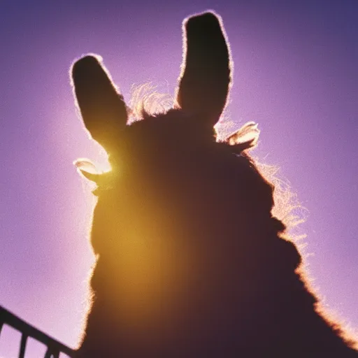 Image similar to film still of a llama in a jersey dunking a basketball like michael jordan, low angle, show from below, tilted frame, 3 5 °, dutch angle, extreme long shot, high detail, indoors, dramatic backlighting