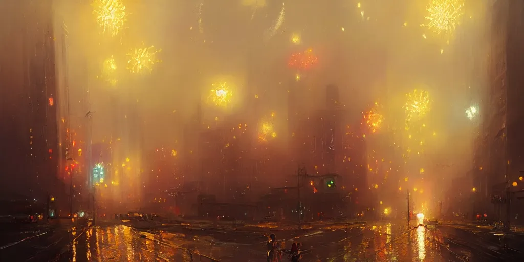 Prompt: san francisco fireworks, foggy weather, extremely detailed oil painting, unreal 5 render, rhads, Bruce Pennington, Studio Ghibli, tim hildebrandt, digital art, octane render, beautiful composition, trending on artstation, award-winning photograph, masterpiece