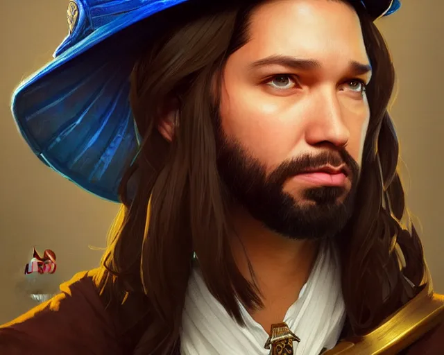 Image similar to amazing portrait of alexis ohanian as a wizard, blue wizard hat, deep focus, symmetrical face, d & d, fantasy, intricate, elegant, highly detailed, digital painting, artstation, concept art, matte, sharp, illustration, hearthstone, art by artgerm and greg rutkowski and alphonse mucha