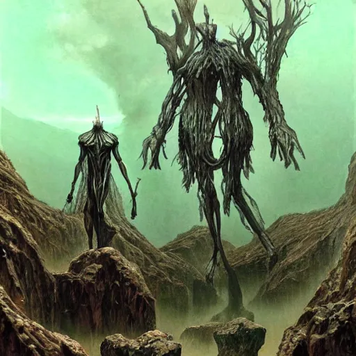 Image similar to concept art of a slender giant fractal golem, elegant, day time, foreboding, fantasy, valley, wayne barlowe