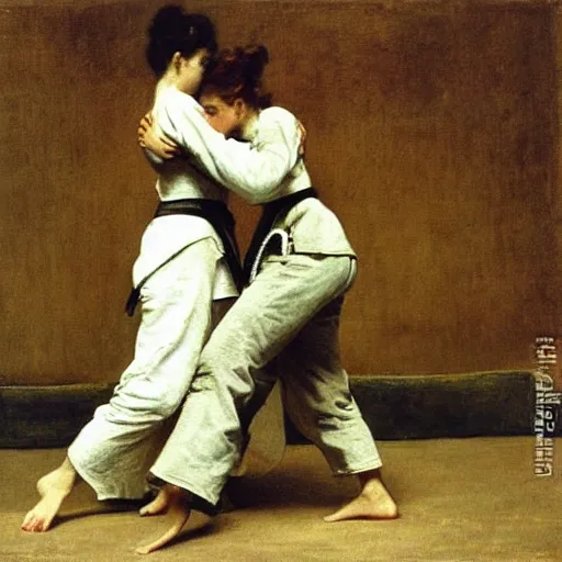 Prompt: actress training judo by alfred stevens