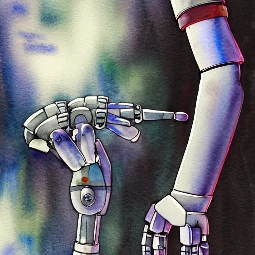 Prompt: watercolour painting of a broken robot repairing its own arm, anime, pencil lines, light watercolour, pale sky, beautiful artwork, anime screenshot, akihabara