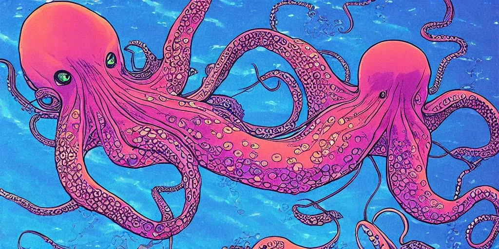 Image similar to ” beautiful octopus drifting in the deep sea painted by moebius. ”