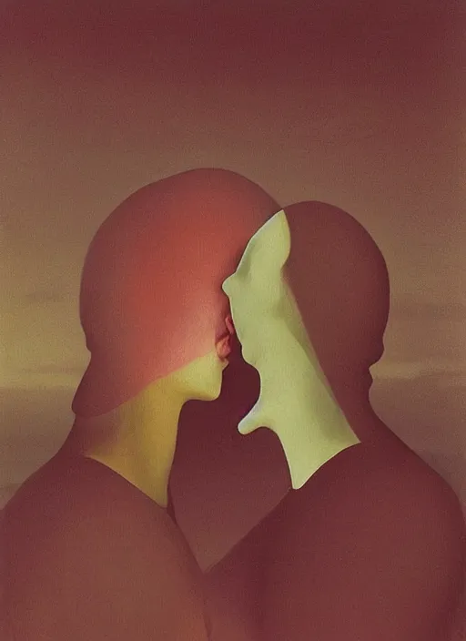 Prompt: two women spherical heads kissing wearing translucent dress made of plastic bags Edward Hopper and James Gilleard, Zdzislaw Beksinski, highly detailed