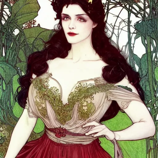 Prompt: a stunning matte portrait of a thicc and voluptuous black haired vampire queen wearing a floor length dark crimson dress walking through a flowering garden, greenhouse in the background, intricate, elegant, highly detailed, digital painting, artstation, sharp focus, illustration, art by rebecca guay and arthur rackham and alphonse mucha and john william waterhouse, pixv