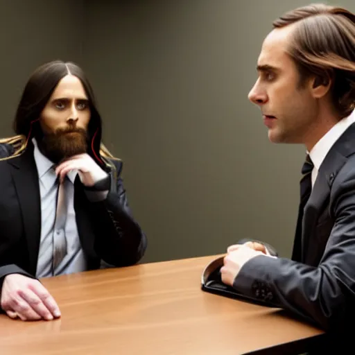 Image similar to jared leto talking to saul goodman in an interrogation room