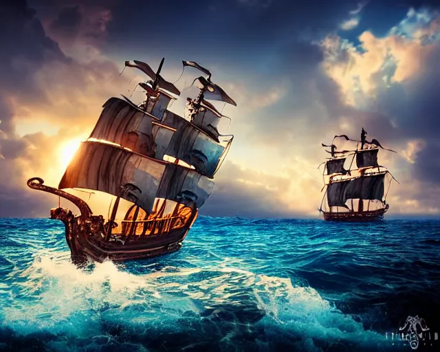 Image similar to beautiful ocean, pirate ship, natural lighting, 35mm photography, highly detailed, 8K, artgerm, sharp focus, cgsociety, cool lighting