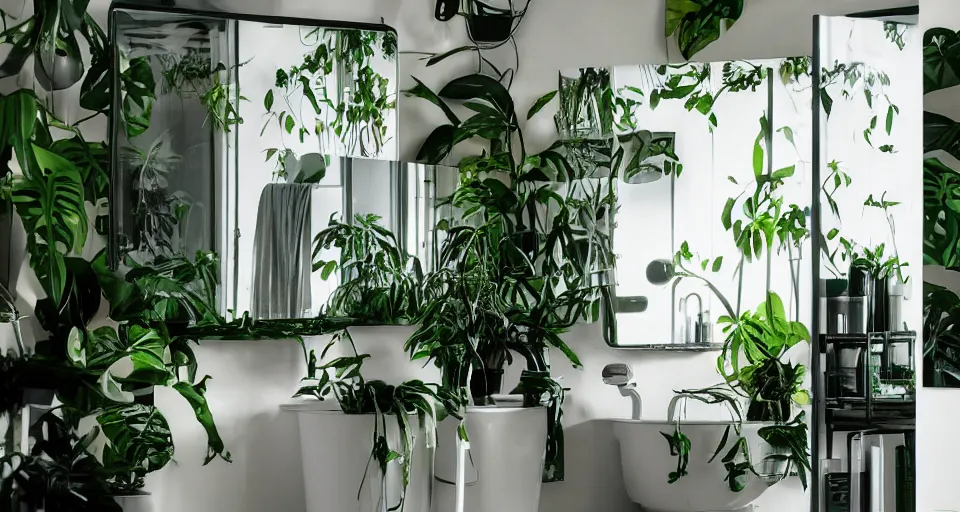 Prompt: IKEA catalogue photo of a cyberpunk bathroom, mirrors, steamed up, monstera plants, overgrown, vines, by Paul Lehr