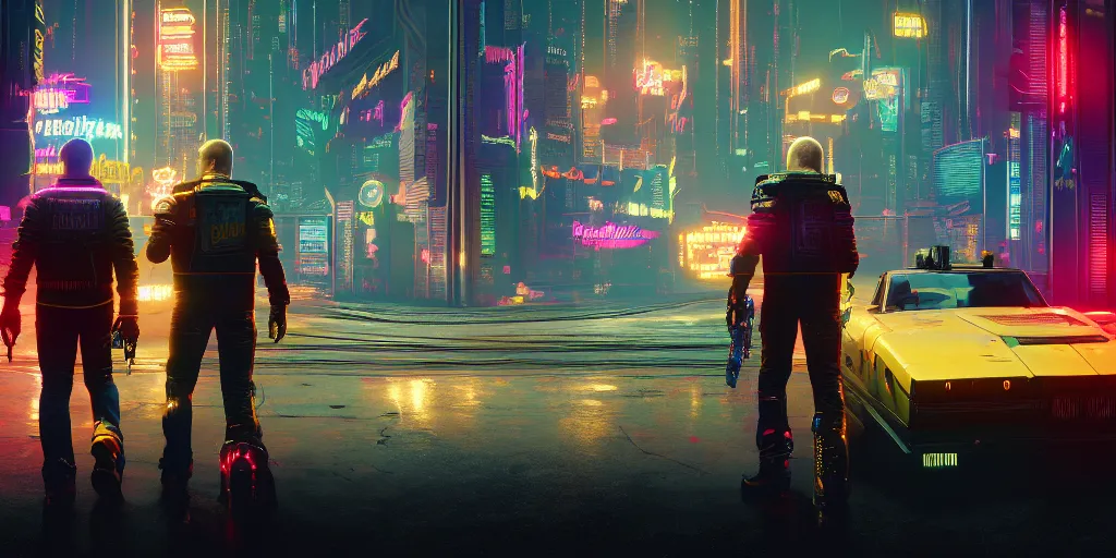 Image similar to ernie and bert in cyberpunk 2 0 7 7 night city wallpaper rendering, digital art