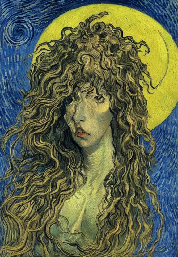 Image similar to perfectly centered portrait front view of a beautiful biomechanical moon goddess, flowing hair, intense stare, sweet sarcastic smile, symmetrical, concept art, intricate detail, volumetric shadows and lighting, realistic oil painting by van gogh, gustave dore,